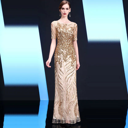 It's Yiiya Sequined Evening Gown Short Sleeve Illusion O-Neck Robe De Soiree K163 Straight Floor-Length Evening Dress 2020