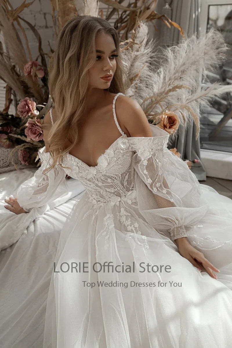 LORIE Vestidos de novia con purpurina, mangas abullonadas, apliques de encaje, flores 3D, hombros descubiertos, tul, vestido de novia bohemio 2024 vestidos de novia