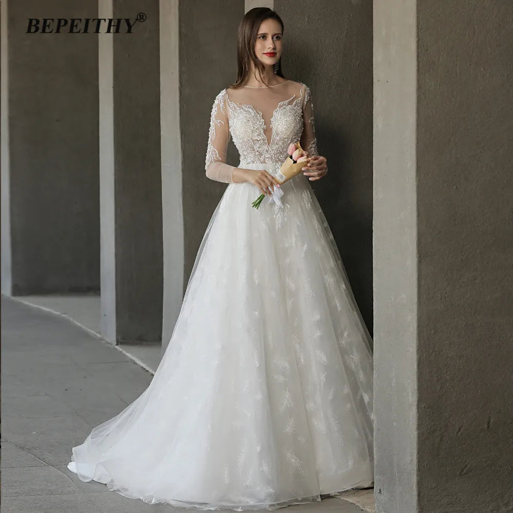 BEPEITHY O Neck Lace Skirt Wedding Dresses For Women Long Sleeves Open Back Sexy Boho A-line Bridal Gowns Vestidos De Novia