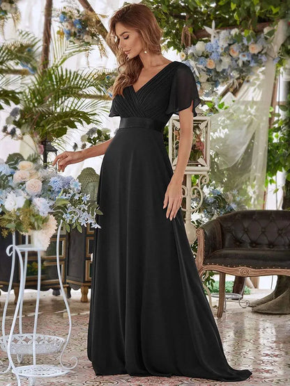 Vestidos de dama de honor de color rosa para mujer, largos, elegantes, de corte A, con escote en V doble, con volantes, de gasa, vestido formal para fiesta de boda, nuevo vestido largo de graduación