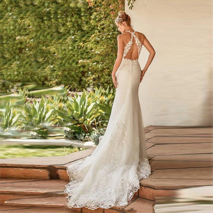 Sexy Mermaid Wedding Dresses Boho Lace Appliques Wedding Gowns Elegant Sleeveless Bride Dress Open Back Trouwjurk Gowns