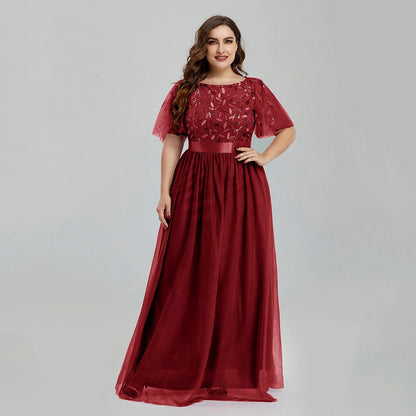 Robe de soirée grande taille en maille A-Line à paillettes brodées, robe de bal longue à feuilles avec manches pour robe de mariée 2022