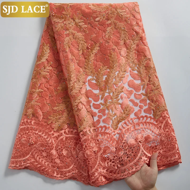 SJD LACE African Lace Fabric With Stones Nigerian French Mesh Lace Fabric 2021New Coming Style For Wedding Party Dress Sew A2322