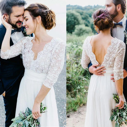 Robe de mariée bohème en mousseline de soie 2024, haut en dentelle profonde, col en V, manches 3/4, dos nu, plage, robes de mariée pour femmes