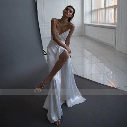 Simple White Wedding Dresses Sexy V-Neck Side Thigh-Slit Spaghetti Straps Bride Dresses Satin A-Line Wedding Gowns Floor Length