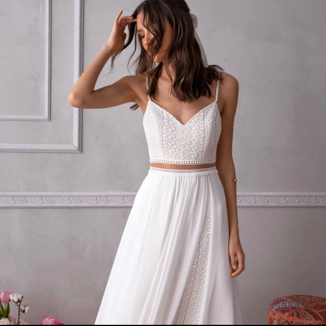 2024 Vestidos de novia bohemios sencillos de 2 piezas, corte en A, tirantes finos, espalda descubierta, sin mangas, elegantes vestidos de novia, nuevos