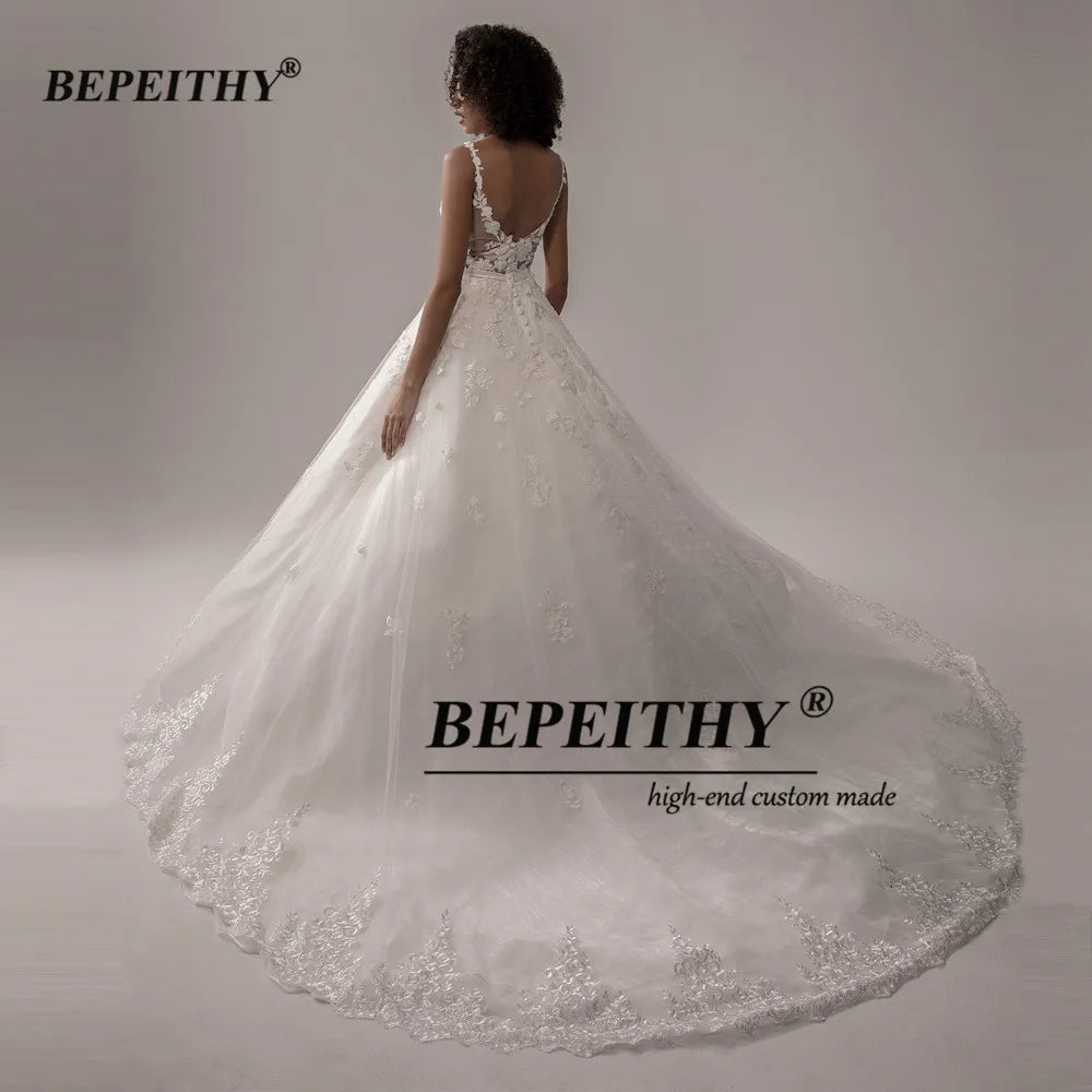 BEPEITHY V Neck Ball Gown Wedding Dress For Women Backless Organza Spaghetti Straps Lace Wedding Gown For Bride 2022 New Arrival