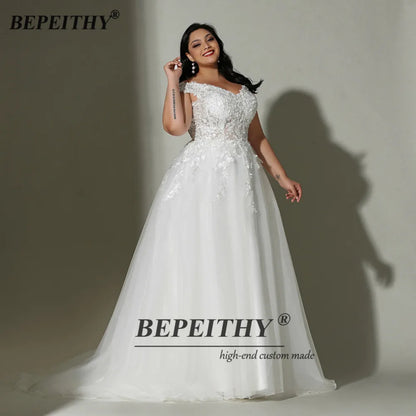 BEPEITHY Off The Shoulder Ivory Plus Size Wedding Dress Sweep Train Sweetheart Lace Bridal Gown 2022 For Curve Women New Arrival