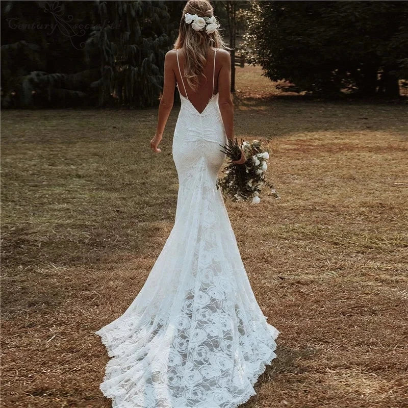 Vestidos de novia estilo bohemio de sirena con tirantes finos, encaje, espalda descubierta, playa, sexy, escote en V, vestidos de novia bohemios, elegantes vestidos de novia