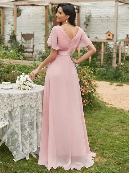 Robe de demoiselle d'honneur rose longue et élégante pour femme, coupe A, col en V double, volants, en mousseline de soie, robe de soirée de mariage formelle, nouvelle robe de bal longue