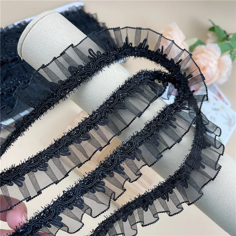 Vente chaude noir brillant plissé dentelle pour artisanat ruban bricolage robe de mariée sac chapeau couvre-chef jupe vêtements matériel de couture accessoires