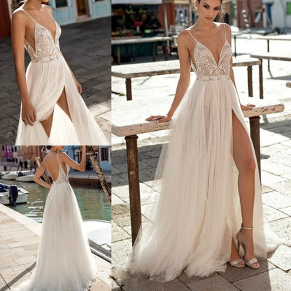 Vestidos de novia de tul de playa Boho 2024 con abertura lateral, espagueti, ilusión sexy, bohemio, línea A, perlas, espalda descubierta, bohemio, vestido de novia