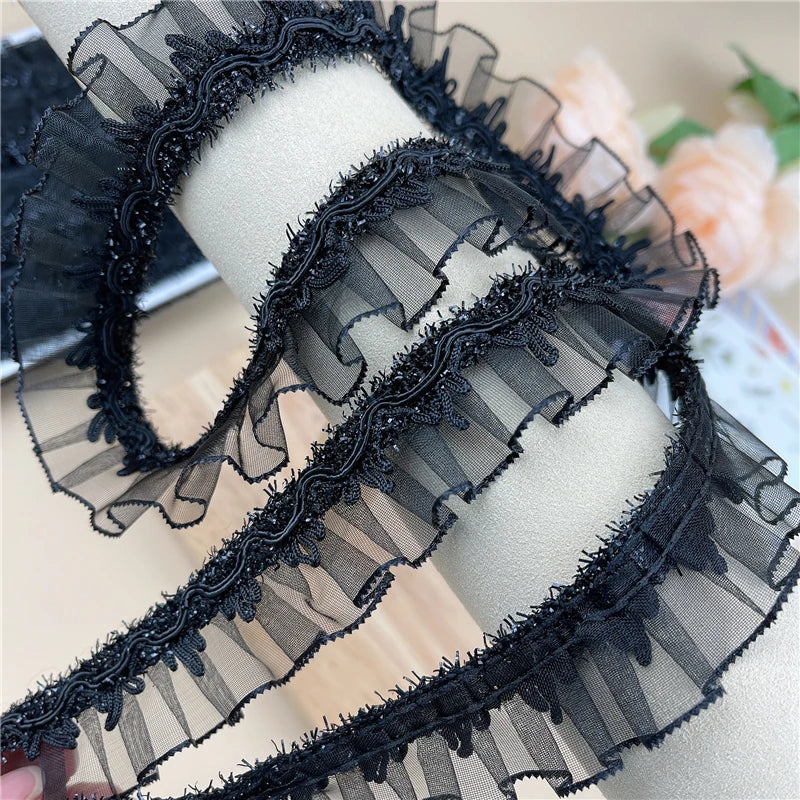 Hot Sale Black Shiny Pleated Lace For Crafts Ribbon DIY Wedding Dress Bag Hat Headwear Skirt Clothes Sewing Material Accessories