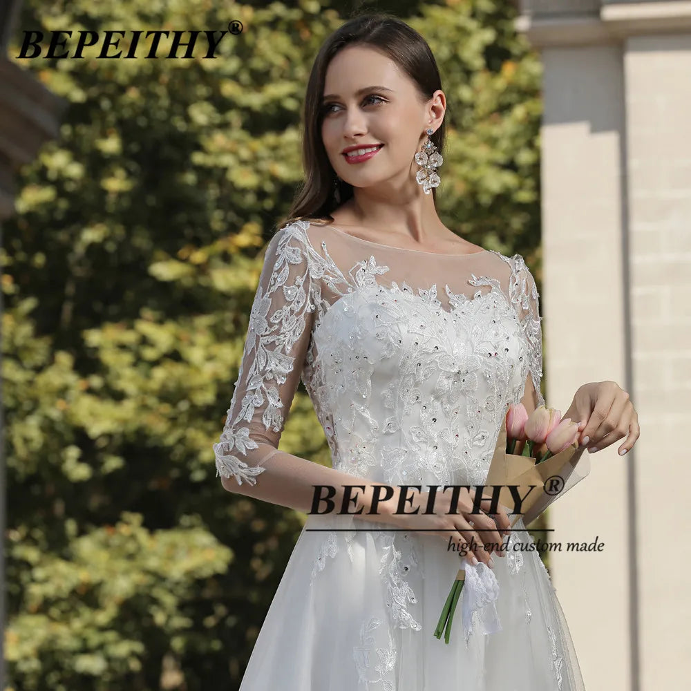 BEPEITHY Vestidos de novia de encaje marfil de línea A para novia Robe De Soiree Beach Vestidos de novia blancos de manga larga Vestidos de novia bohemios