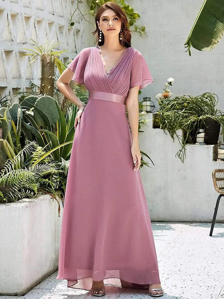 Robe de demoiselle d'honneur rose longue et élégante pour femme, coupe A, col en V double, volants, en mousseline de soie, robe de soirée de mariage formelle, nouvelle robe de bal longue