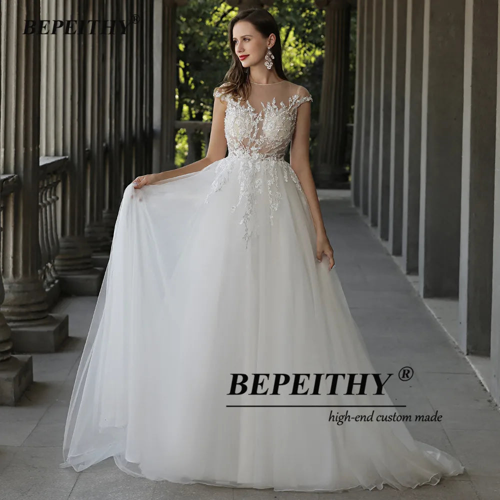 BEPEITHY A Line Cap Sleeves Boho Robes De Mariée 2023 Robes De Mariée O Neck Lace Sexy Boho Bridal Beach Dress Suknia Slubna