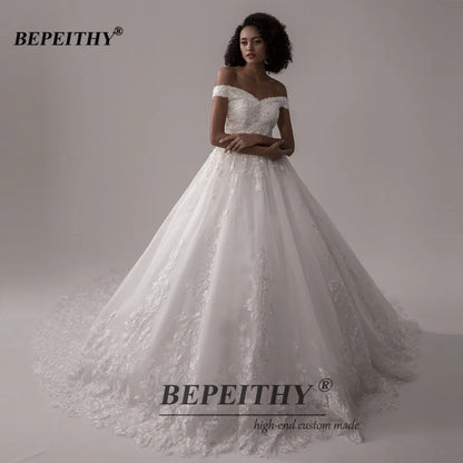 BEPEITHY Luxury Lace Wedding Dresses 2022 Off The Shoulder Princess Bridal Dress Court Train Sleeveless Ball Gown Wedding Dress