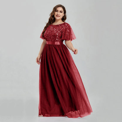 Women's Plus Size Mesh A-Line Sequin Embroidery Evening Dress Leaf  Maxi Prom Dress With Sleeves For Wedding Dress 2022