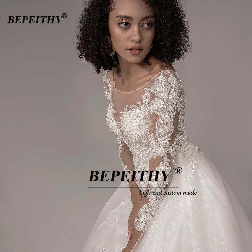 BEPEITHY Lace Wedding Dress 2022 Ball Gown Bridal Scoop Glittler Princess Ivory Long Sleeves Wedding Dresses For Bride New