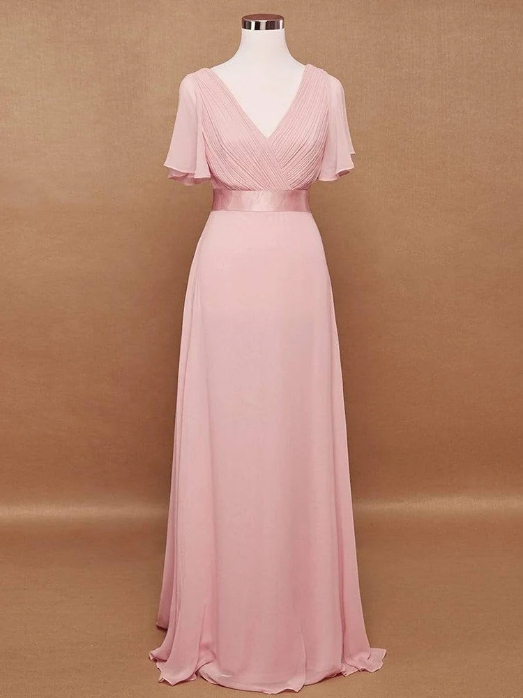 Vestidos de dama de honor de color rosa para mujer, largos, elegantes, de corte A, con escote en V doble, con volantes, de gasa, vestido formal para fiesta de boda, nuevo vestido largo de graduación