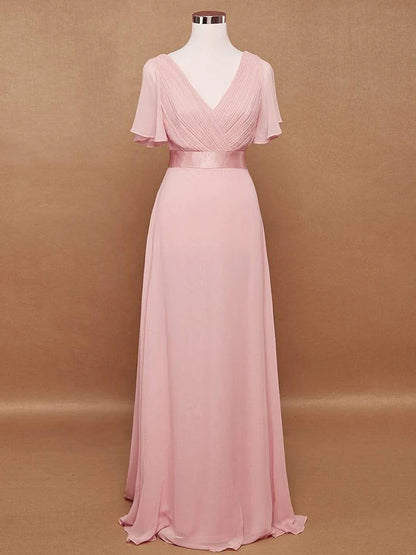 Robe de demoiselle d'honneur rose longue et élégante pour femme, coupe A, col en V double, volants, en mousseline de soie, robe de soirée de mariage formelle, nouvelle robe de bal longue