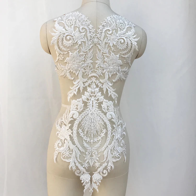 Apliques de encaje francés blanco puro en 3D para vestido de novia, tocado de novia, cuello de encaje blanco marfil, parche de tela de encaje RS1234