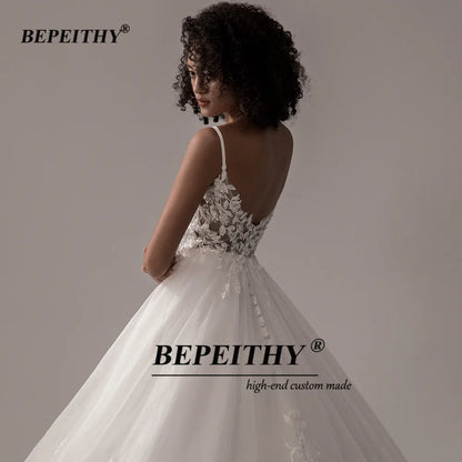 BEPEITHY Spaghetti Straps Lace Wedding Dresses For Bride 2022 Sleeveless Ball Gown Ivory Indian Bridal Dress Online Shop White