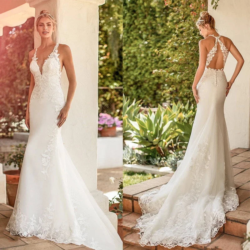 Sexy Mermaid Wedding Dresses Boho Lace Appliques Wedding Gowns Elegant Sleeveless Bride Dress Open Back Trouwjurk Gowns