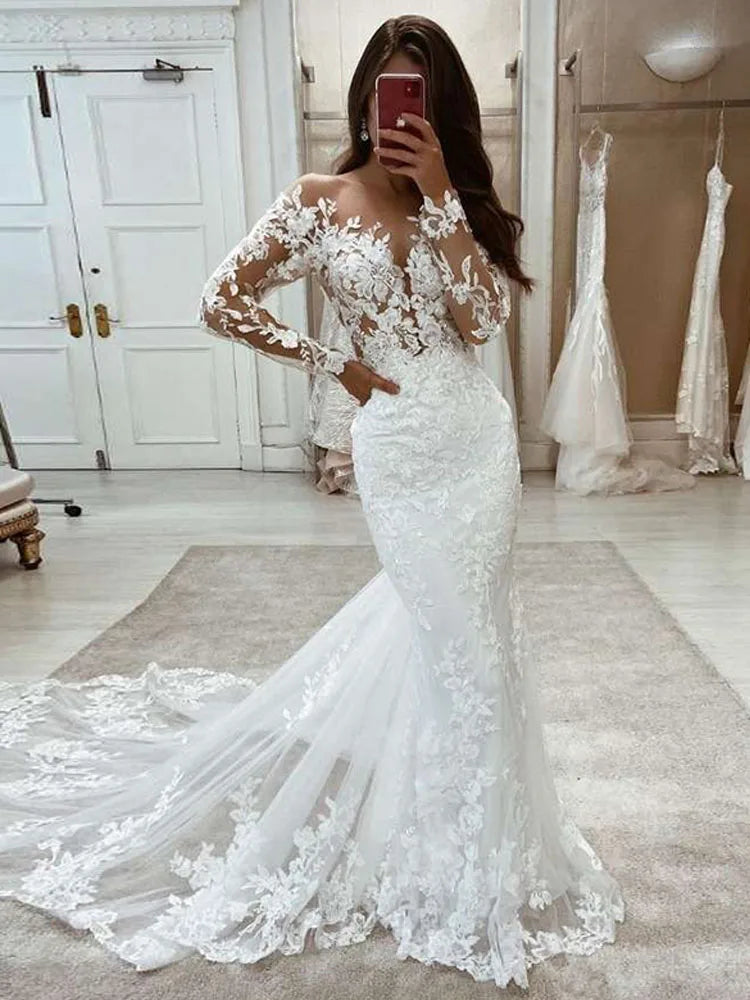 LORIE Boho Wedding Dresses Mermaid Lace Long Sleeves Wedding Gown Vintage White Ivory Custom Made Luxury Bridal Dress 2024