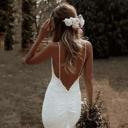 Vestidos de novia estilo bohemio de sirena con tirantes finos, encaje, espalda descubierta, playa, sexy, escote en V, vestidos de novia bohemios, elegantes vestidos de novia