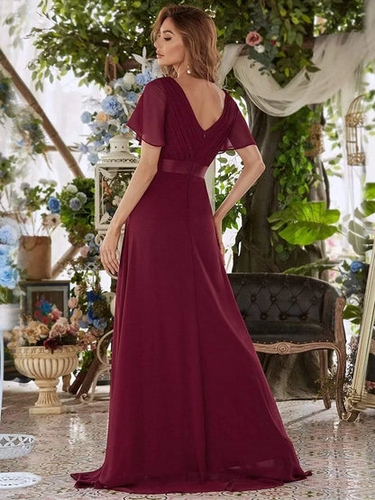 Vestidos de dama de honor de color rosa para mujer, largos, elegantes, de corte A, con escote en V doble, con volantes, de gasa, vestido formal para fiesta de boda, nuevo vestido largo de graduación