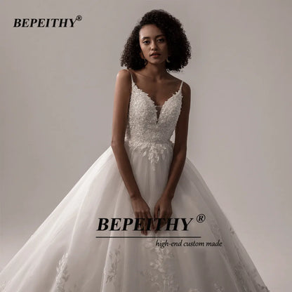 BEPEITHY Spaghetti Straps Lace Wedding Dresses For Bride 2022 Sleeveless Ball Gown Ivory Indian Bridal Dress Online Shop White