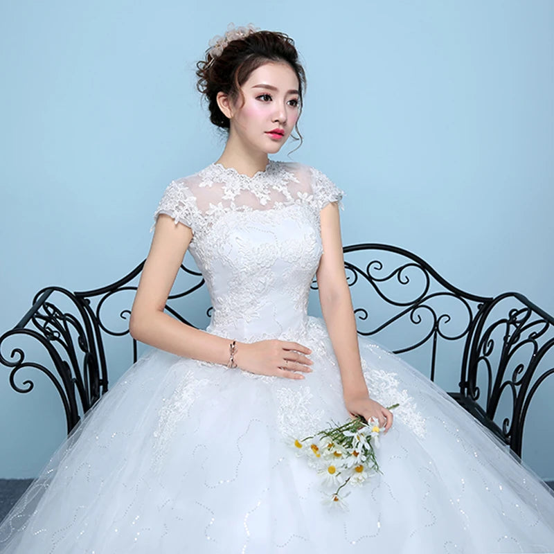 Wedding Dresses Illusion O-Neck Short Embroidery Sequined Lace Tulle Backless Luxury White Floor-Length Women Bridal Gown FB685