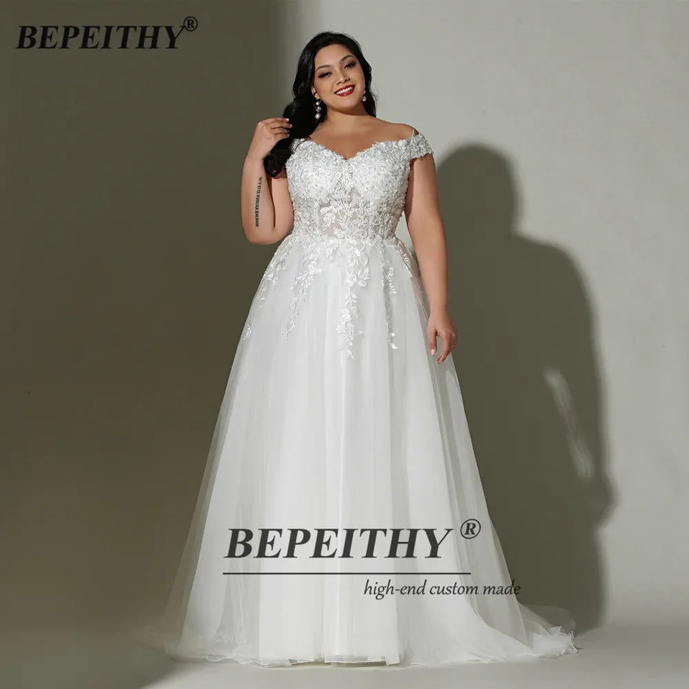 BEPEITHY Off The Shoulder Ivory Plus Size Wedding Dress Sweep Train Sweetheart Lace Bridal Gown 2022 For Curve Women New Arrival