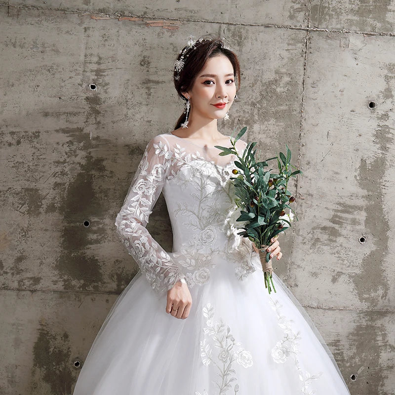 Flower Wedding Dress New Style Bride Plus Size Flower Wedding Dresses Dreamy Full-sleeve Bridal Lace Up Dresses Ball Gowns