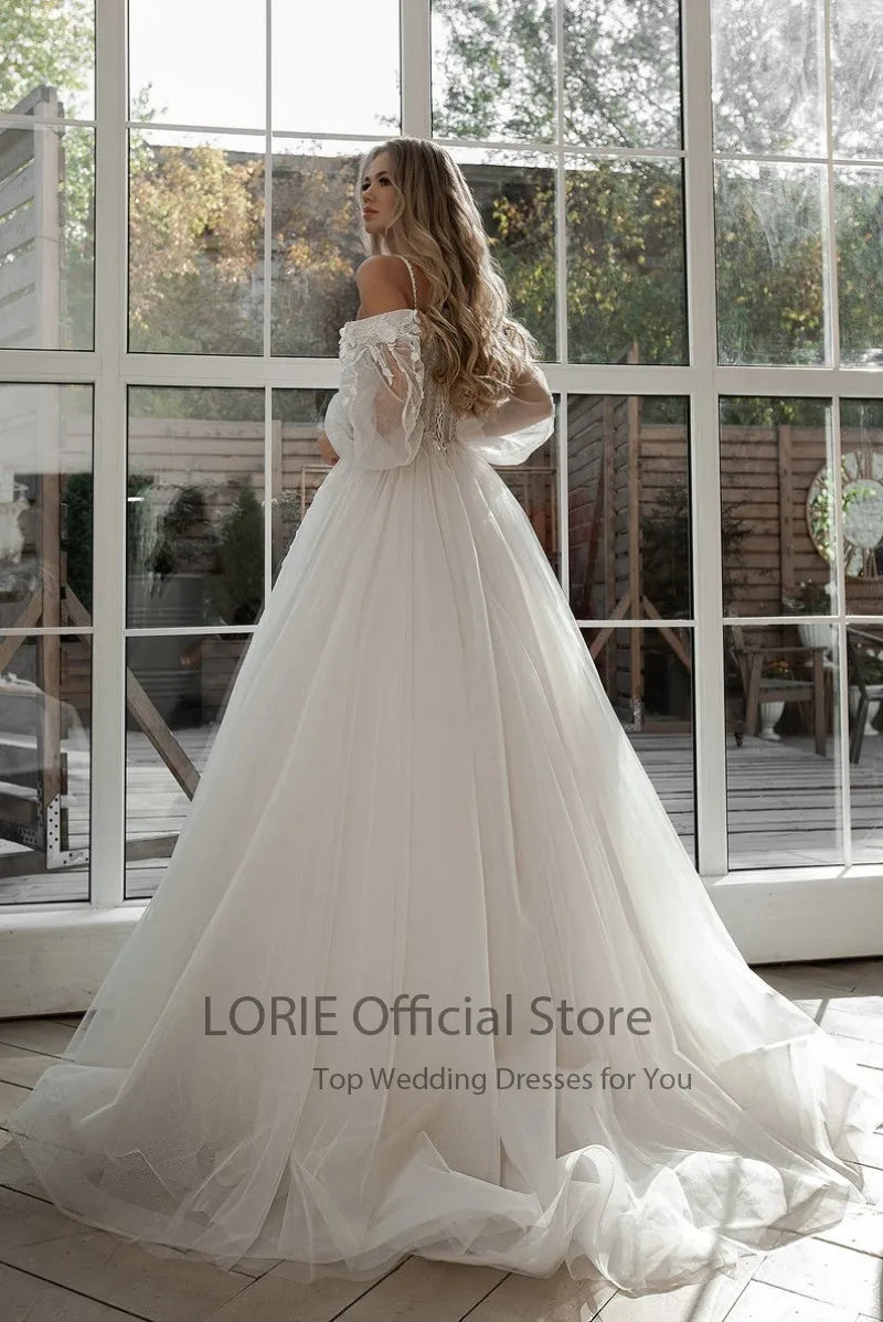 LORIE Glitter Wedding Dresses Puff Sleeve Appliques Lace 3D Flowers off Shoulder Tulle Boho Bride Gown 2024 vestidos de novia