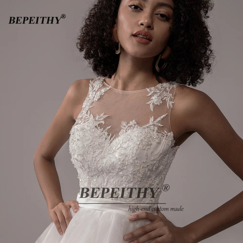 BEPEITHY O Neck Ball Gown Wedding Dress Sleeveless Princess Bridal Gowns Zipper Back Vintage Wedding Dresses For Women With Belt