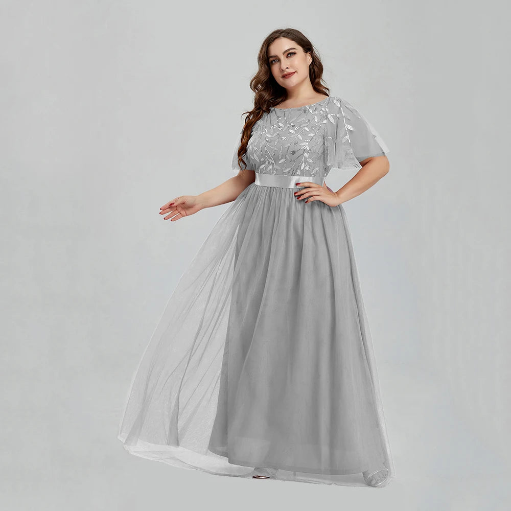 Robe de soirée grande taille en maille A-Line à paillettes brodées, robe de bal longue à feuilles avec manches pour robe de mariée 2022