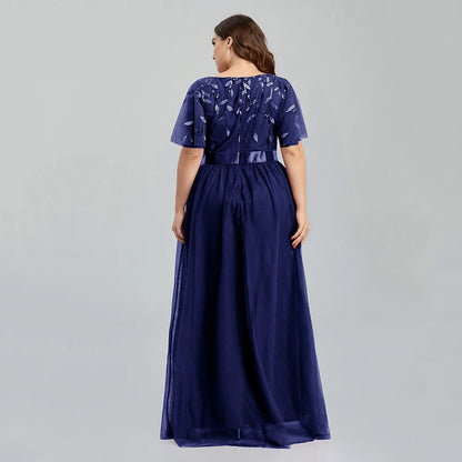 Women's Plus Size Mesh A-Line Sequin Embroidery Evening Dress Leaf  Maxi Prom Dress With Sleeves For Wedding Dress 2022