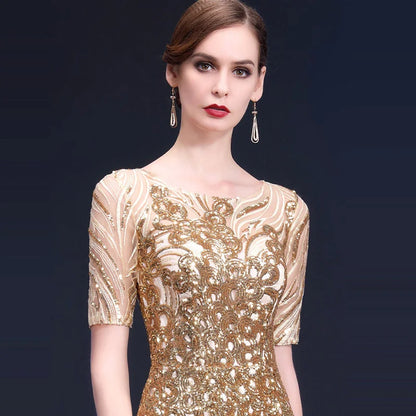 It's Yiiya Sequined Evening Gown Short Sleeve Illusion O-Neck Robe De Soiree K163 Straight Floor-Length Evening Dress 2020