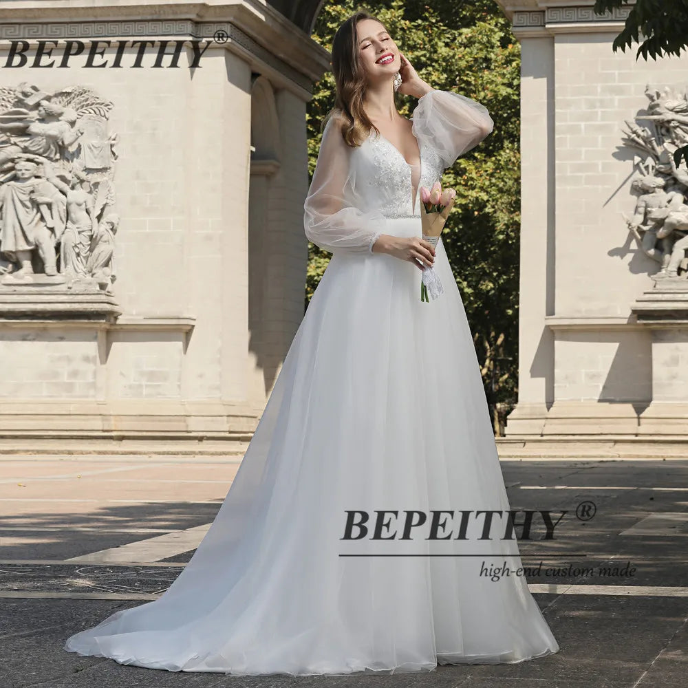 BEPEITHY Sexy V Neck Boho Wedding Dress 2023 Long Sleeves A Line White Wedding Party Dresses Свадебное платье Ivory Bridal Gowns