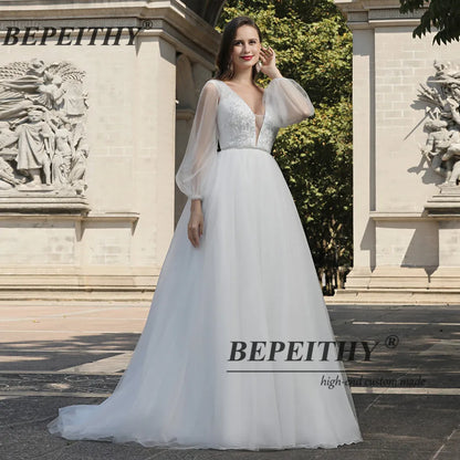 BEPEITHY Sexy V Neck Boho Wedding Dress 2023 Long Sleeves A Line White Wedding Party Dresses Свадебное платье Ivory Bridal Gowns