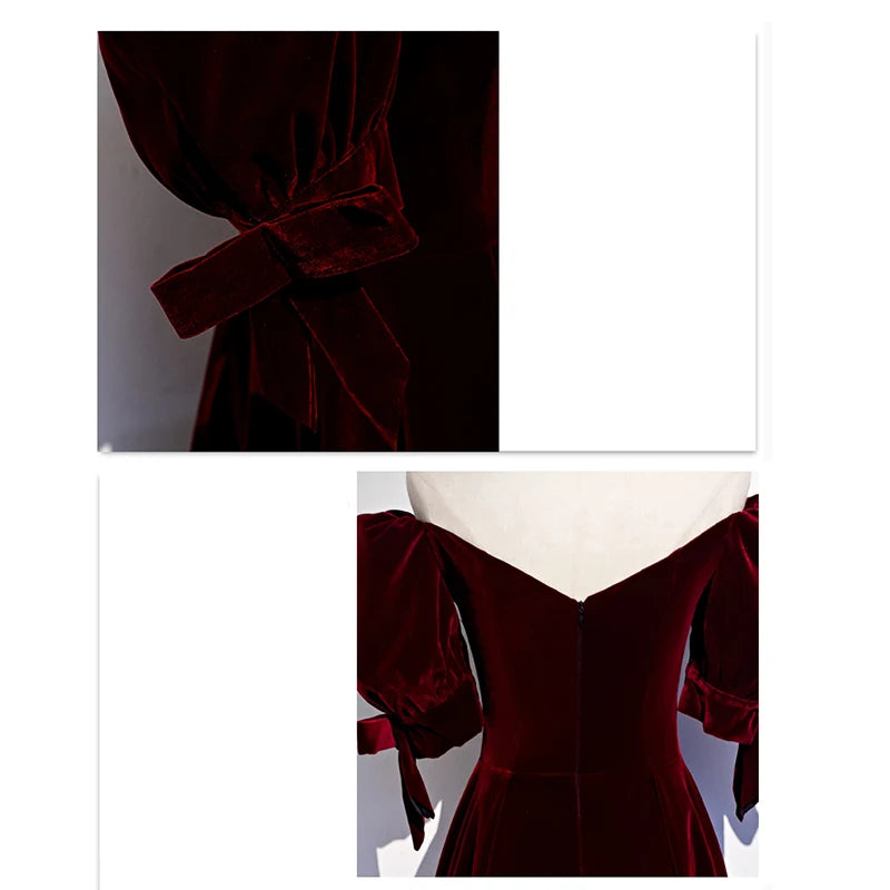 Robe de soirée en velours rouge vin grande taille épaules dénudées manches courtes fermeture éclair ligne A longueur au sol robe de soirée formelle pour femmes R1250