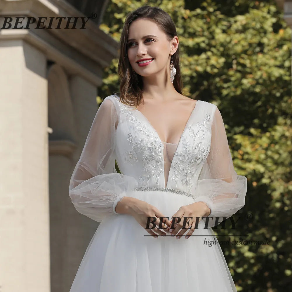 BEPEITHY Sexy V Neck Boho Wedding Dress 2023 Long Sleeves A Line White Wedding Party Dresses Свадебное платье Ivory Bridal Gowns