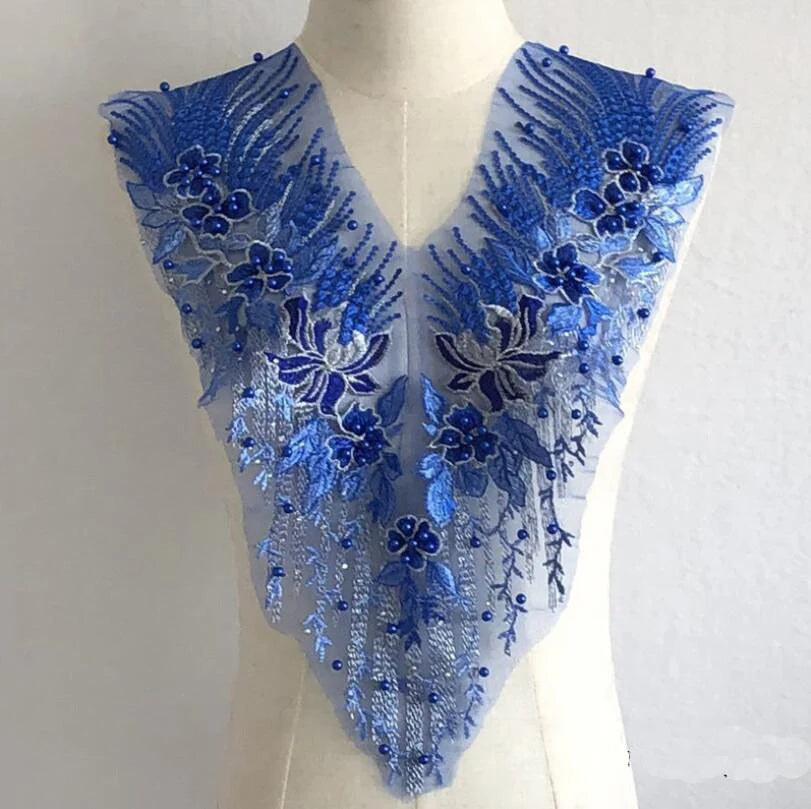 Adornos de encaje de tela francesa azul, parches de lentejuelas, diseños, apliques para vestidos de fiesta de graduación, vestidos de boda, disfraces, fiestas de bricolaje