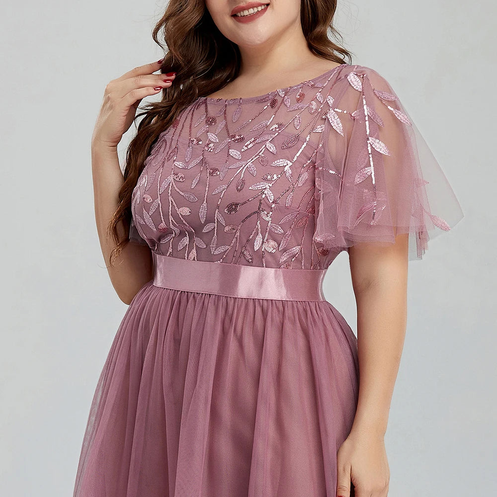 Robe de soirée grande taille en maille A-Line à paillettes brodées, robe de bal longue à feuilles avec manches pour robe de mariée 2022