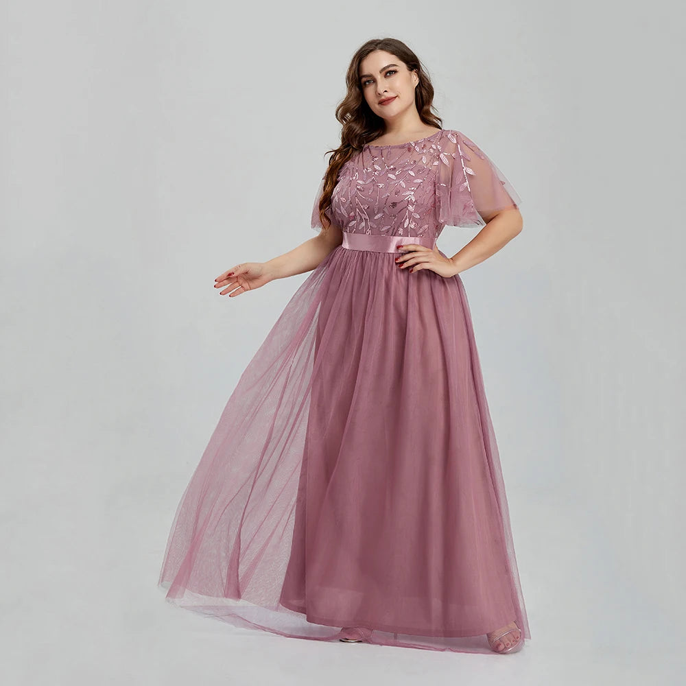 Robe de soirée grande taille en maille A-Line à paillettes brodées, robe de bal longue à feuilles avec manches pour robe de mariée 2022