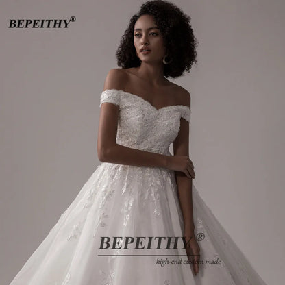 BEPEITHY Luxury Lace Wedding Dresses 2022 Off The Shoulder Princess Bridal Dress Court Train Sleeveless Ball Gown Wedding Dress