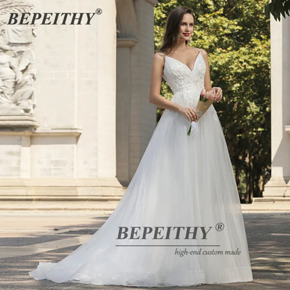 BEPEITHY Vestidos De Novia A Line Beach Wedding Dresses For Women Sleeveless V Neck Lace Boho New Bridal Gown Cвадебное платье