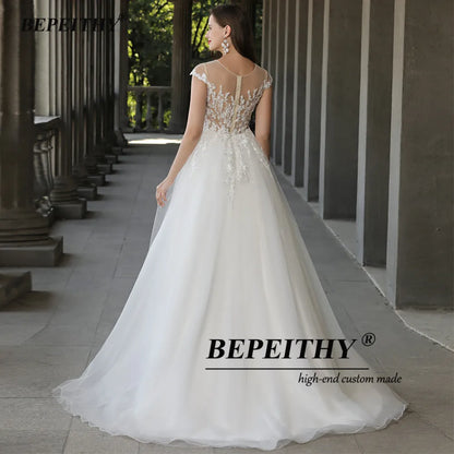 BEPEITHY A Line Cap Sleeves Boho Wedding Dresses 2023 Vestidos De Novia O Neck Lace Sexy Boho Bridal Beach Gown Suknia Slubna